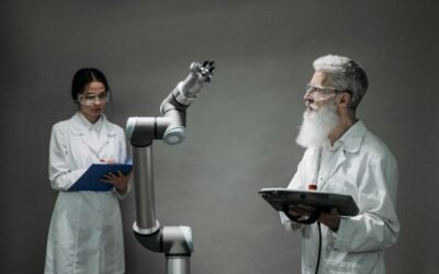 a man in white lab coats and a woman in white lab coats